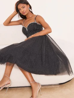 Lipsy Black Premium Diamonte Embellished Spot Strappy Prom Midi Dress Discount
