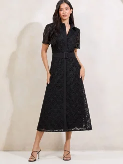 Lipsy Premium Lace Belted Shirt Dress Black Clearance