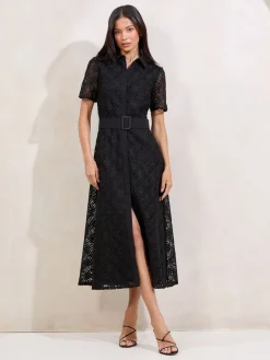 Lipsy Premium Lace Belted Shirt Dress Black Clearance