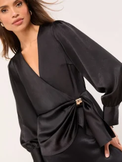 Lipsy Satin Hardware Detail Wrap Top Black