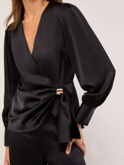 Lipsy Satin Hardware Detail Wrap Top Black