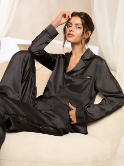 Lipsy Satin Long Sleeve Pyjamas Set with Lace Details Black Hot