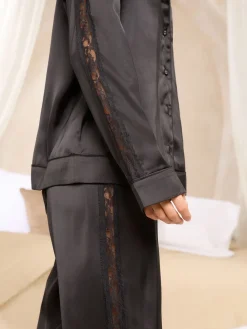 Lipsy Satin Long Sleeve Pyjamas Set with Lace Details Black Hot