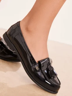Lipsy Black Standard Fit Patent Flat Tassle Workwear Loafers Best