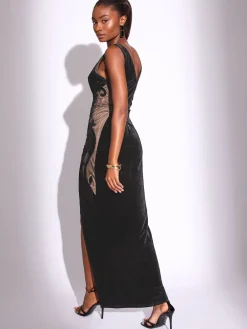 Lipsy Black Velvet Mesh Mix Appliqué Maxi Dress Hot