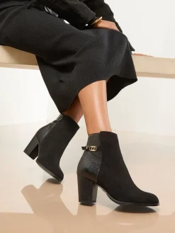 Lipsy Black Wide Fit Faux Leather Mid Heel Almond Toe Mixed Fabric Ankle Boots Clearance