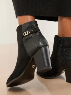 Lipsy Black Wide Fit Faux Leather Mid Heel Almond Toe Mixed Fabric Ankle Boots Clearance