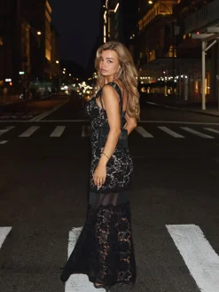 Lipsy Black/Nude Premium Lace Embellished Corsage Maxi Dress Outlet