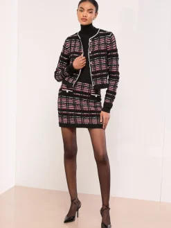 Lipsy Black/Red Checked Boucle Trim Detail Knitted Mini Skirt New