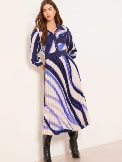 Lipsy Marble Print Woven Pleated Midi Shirt Dress Blue Discount