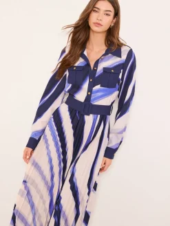 Lipsy Marble Print Woven Pleated Midi Shirt Dress Blue Discount