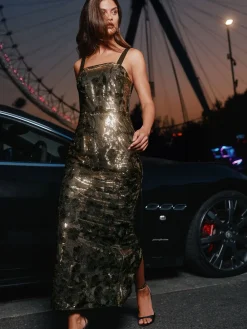 Lipsy Bronze Premium Floral Embriodered Sequin Maxi Bodycon Dress New