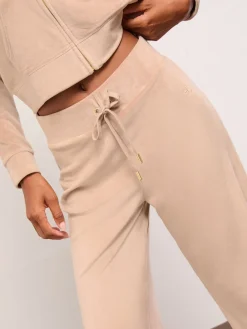 Lipsy Embroidered Velour Relaxed Wide Leg Joggers Brown Clearance