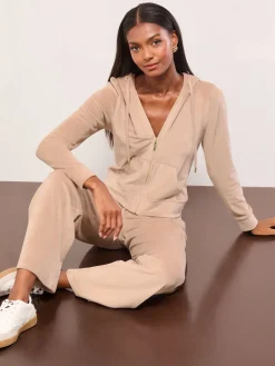 Lipsy Embroidered Velour Zip Through Hoodie Brown Hot