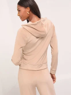 Lipsy Embroidered Velour Zip Through Hoodie Brown Hot