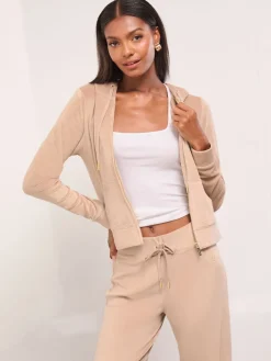 Lipsy Embroidered Velour Zip Through Hoodie Brown Hot