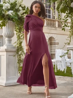 Lipsy Bow One Shoulder Maxi Wedding Bridesmaid Dress Burgundy Red Discount