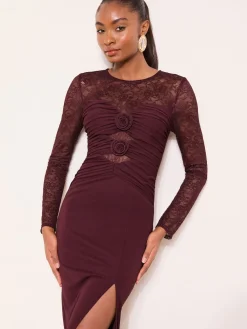 Lipsy Burgundy Red Burgundy Lace Trim Ruched Maxi Dress Outlet