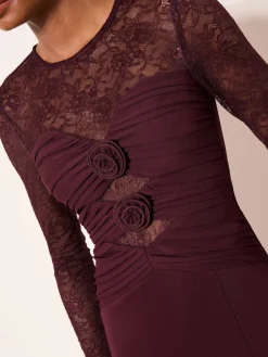 Lipsy Burgundy Red Burgundy Lace Trim Ruched Maxi Dress Outlet