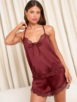 Lipsy Cami and Shorts Satin Pyjamas Set Burgundy Red Sale
