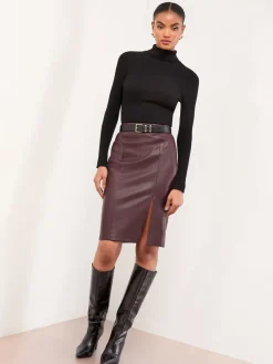 Lipsy Side Split Midi Skirt Burgundy Red Faux Leather Clearance