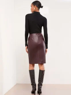 Lipsy Side Split Midi Skirt Burgundy Red Faux Leather Clearance