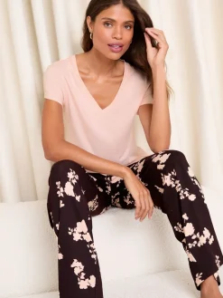 Lipsy Jersey T-Shirt Trousers Pyjamas Set Burgundy Red