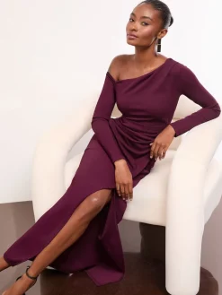 Lipsy Long Sleeve Off The Shoulder Gathered Waist Maxi Dress Burgundy Red Hot