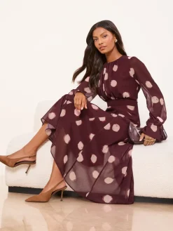 Lipsy Long Sleeve Underbust Fit And Flare Midi Dress Burgundy Red Sale