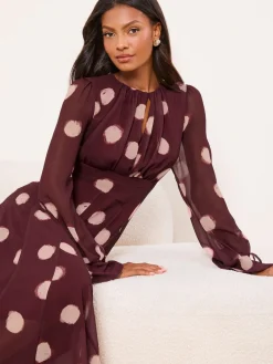 Lipsy Long Sleeve Underbust Fit And Flare Midi Dress Burgundy Red Sale