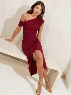 Lipsy Petite Off The Shoulder Gathered Waist Midi Dress Burgundy Red
