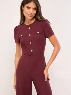 Lipsy Petite Military Buttoned Jumpsuit Burgundy Red Hot