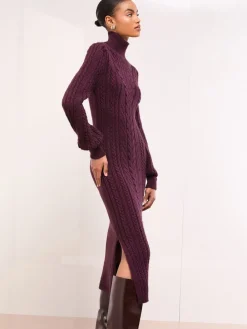 Lipsy Burgundy Red Roll Neck Cable Knit Midi Dress Outlet