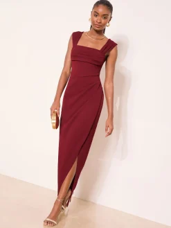 Lipsy Square Neck Short Sleeve Ruched Maxi Dress Burgundy Red Discount