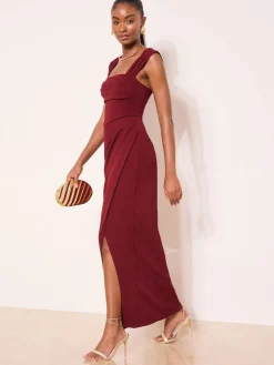 Lipsy Square Neck Short Sleeve Ruched Maxi Dress Burgundy Red Discount