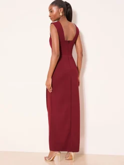 Lipsy Square Neck Short Sleeve Ruched Maxi Dress Burgundy Red Discount