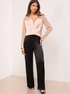 Lipsy Long Sleeve Satin Chiffon Mix Shirt Champagne Gold Best