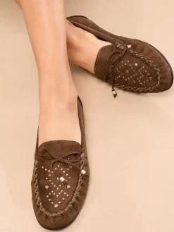 Lipsy Faux Leather Studded Casual Moccasin Loafers Chocolate Brown Outlet