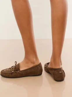 Lipsy Faux Leather Studded Casual Moccasin Loafers Chocolate Brown Outlet