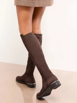 Lipsy Standard fit Faux Suede Elasticated Flat Knee High Casual Boots Chocolate Brown Best