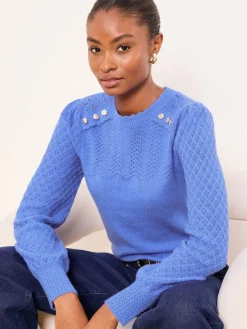 Lipsy Pointelle Stitch Long Sleeve Crew Neck Knit Jumper Cobalt Blue Buttoned Discount
