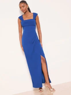 Lipsy Petite Square Neck Short Sleeve Ruched Maxi Dress Cobalt Blue Discount