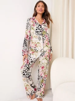 Lipsy Print Jersey Long Sleeve and Trousers Satin Trim Pyjamas Set Cream Animal Floral Online