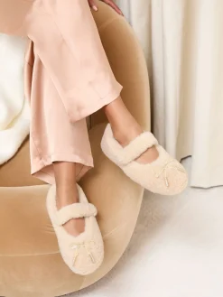 Lipsy Cream Borg Mary Jane with Bow Detail Slippers New