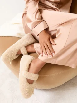 Lipsy Cream Borg Mary Jane with Bow Detail Slippers New