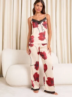 Lipsy Cami and Trousers Satin Pyjamas Set Cream Red Poppy Print Hot