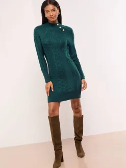Lipsy Buttoned Roll Neck Cable Knit Cosy Mini Dress Dark Green Online