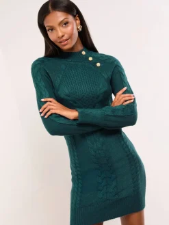 Lipsy Buttoned Roll Neck Cable Knit Cosy Mini Dress Dark Green Online