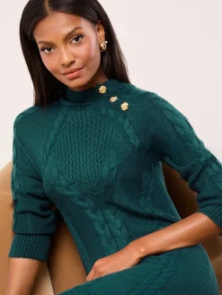 Lipsy Buttoned Roll Neck Cable Knit Cosy Mini Dress Dark Green Online