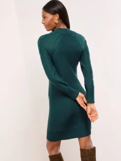 Lipsy Buttoned Roll Neck Cable Knit Cosy Mini Dress Dark Green Online